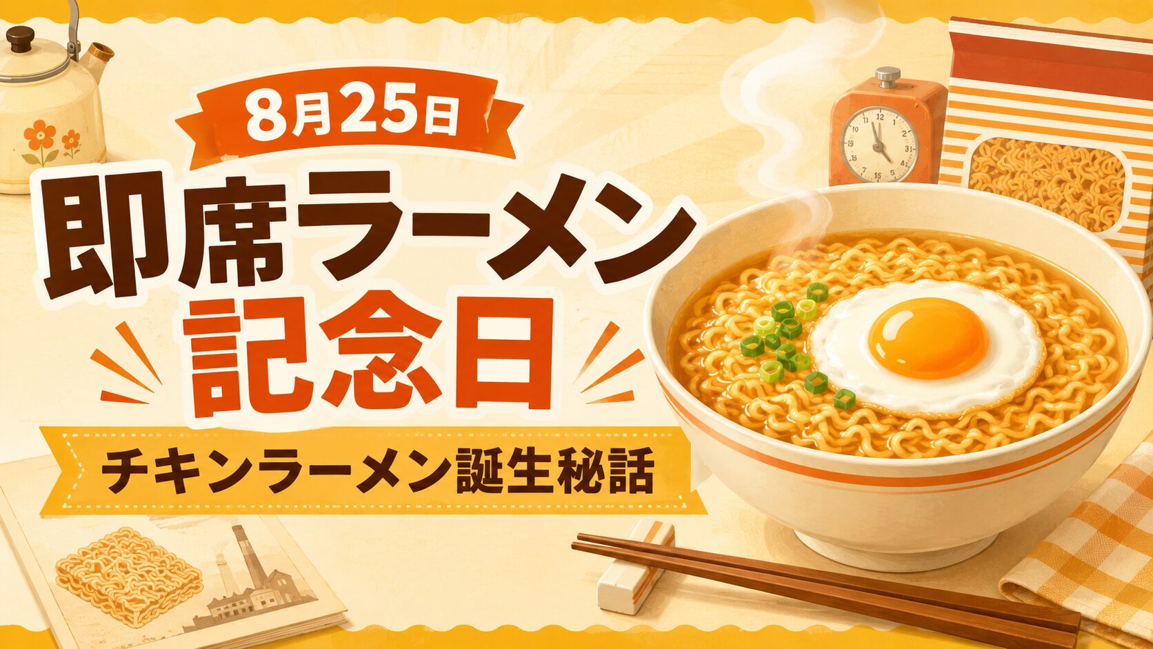 即席ラーメン記念日をイメージした湯気の立つラーメンと卵のアイキャッチ