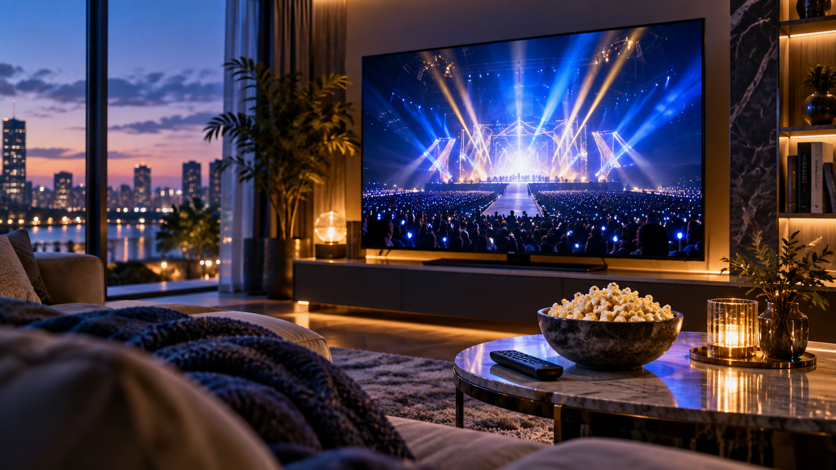ライブ映像の配信を自宅のテレビで楽しむ様子をイメージしたリビング
