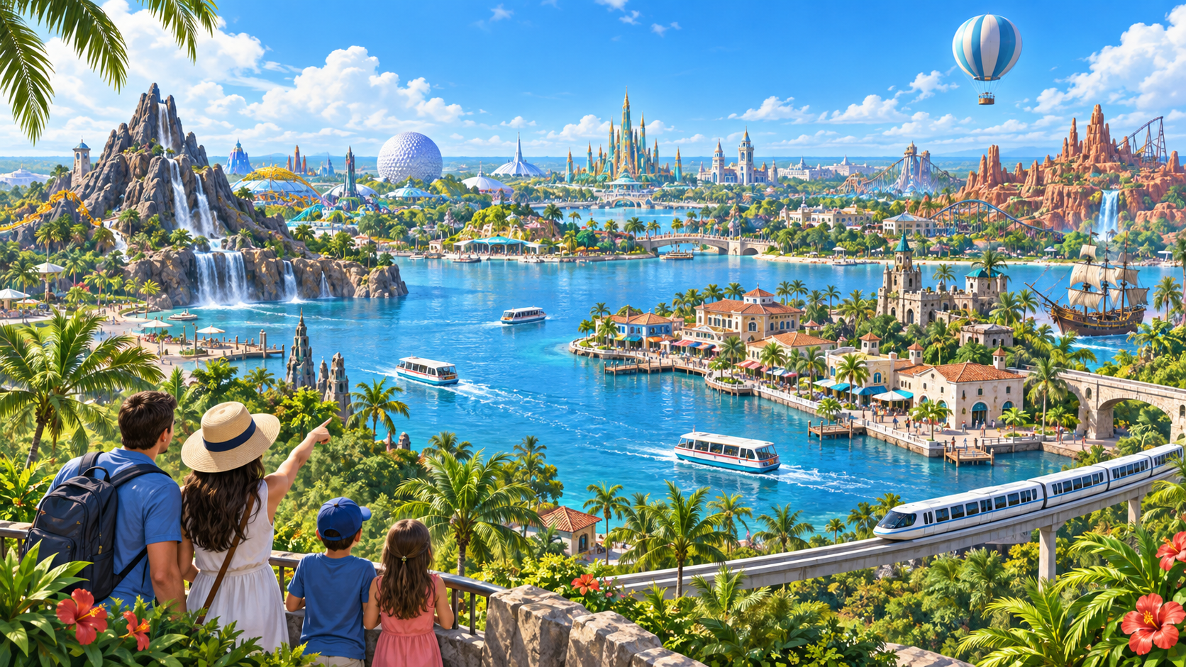 フロリダの広大なテーマパークリゾートとラグーンの旅行イラスト