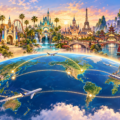 世界のテーマパークリゾートを巡る海外旅行ルートのイラスト
