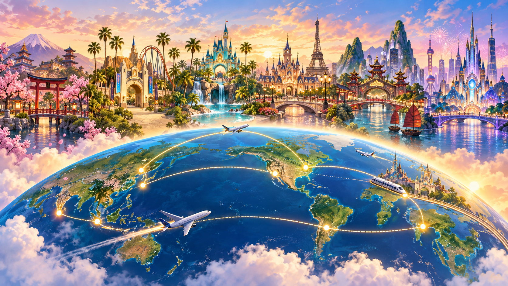 世界のテーマパークリゾートを巡る海外旅行ルートのイラスト