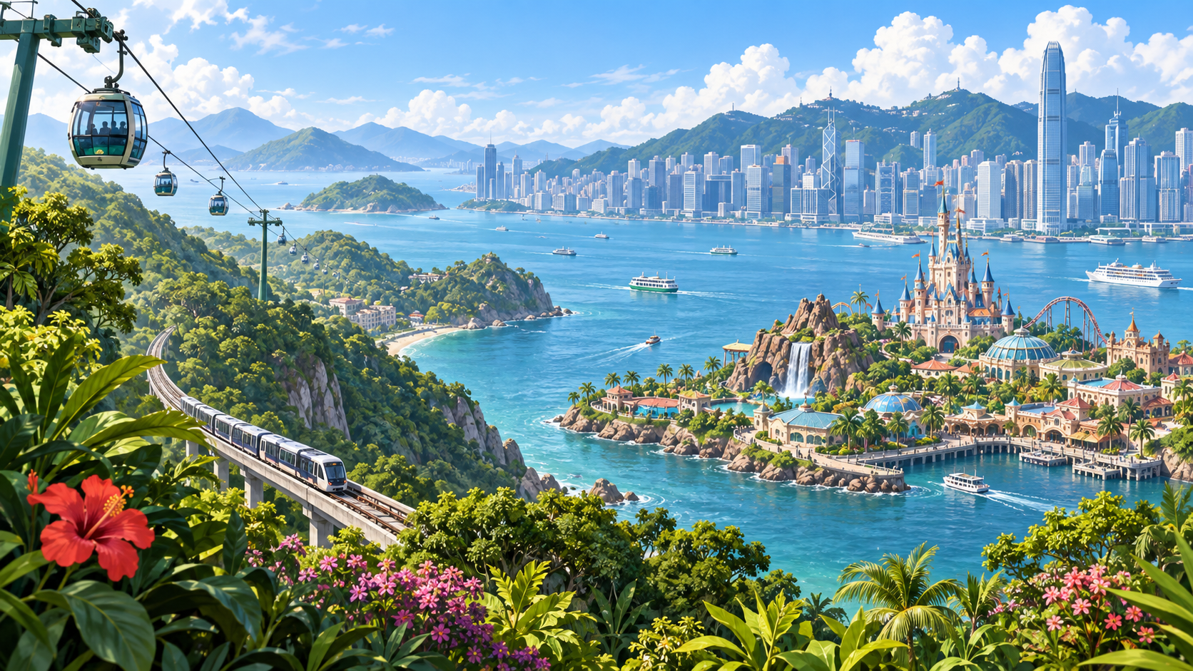 香港の山と海と高層ビルを望むテーマパーク旅行イラスト