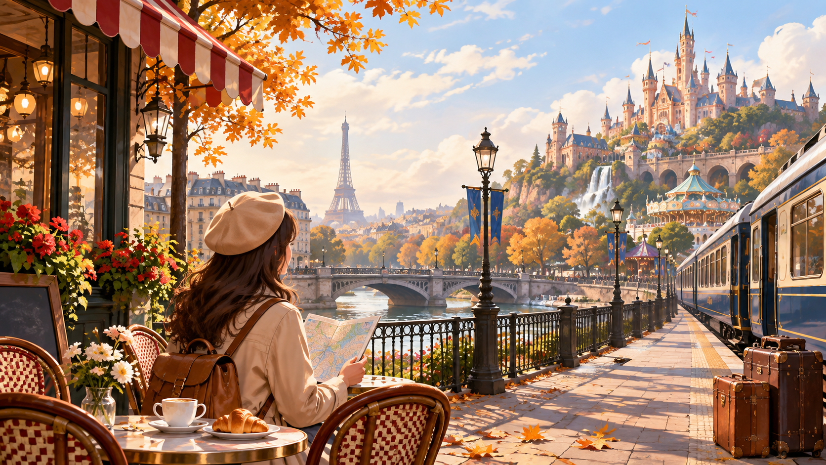 パリのカフェとエッフェル塔を背景にしたテーマパーク旅行イラスト