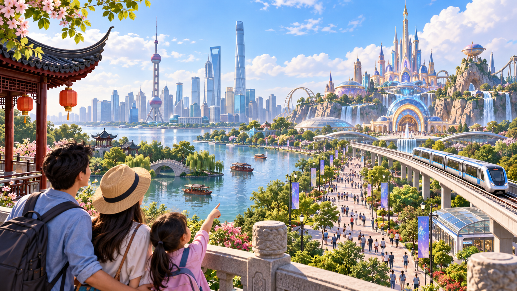 上海の未来的な街並みと中国庭園を組み合わせたテーマパーク旅行イラスト