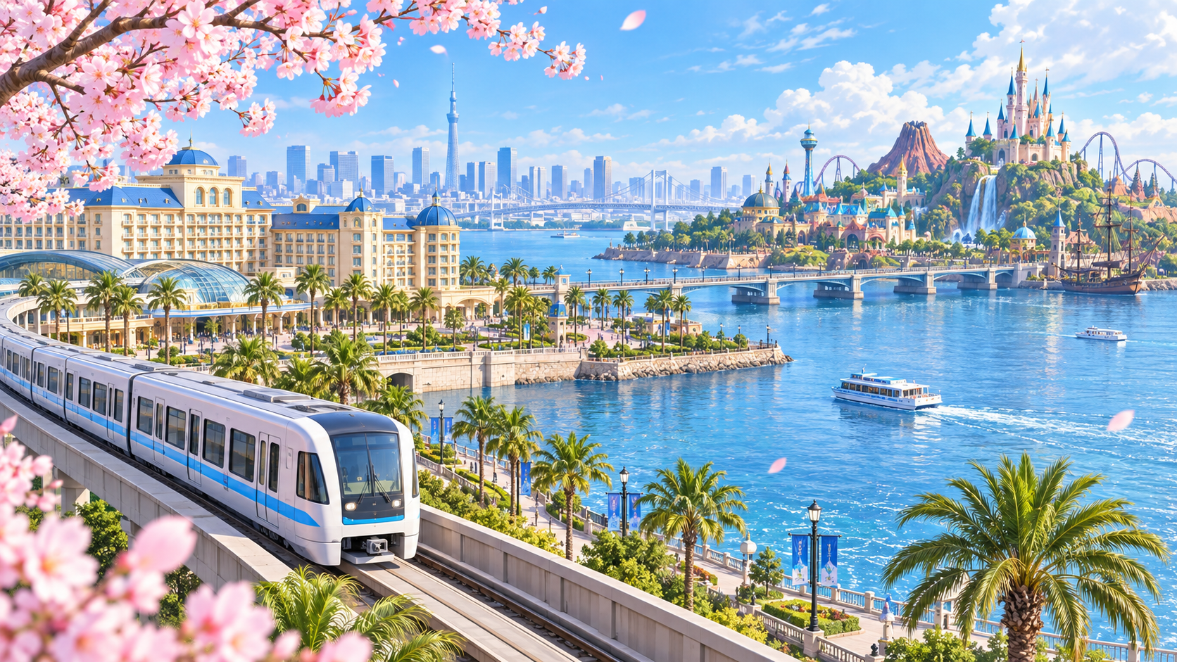 東京の湾岸風景と鉄道をイメージしたテーマパークリゾート旅行イラスト