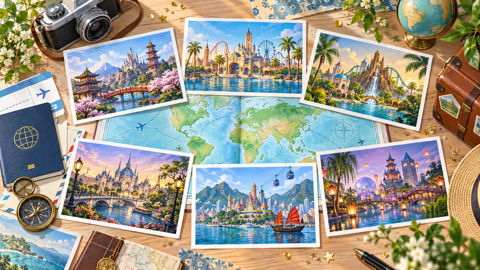 世界6地域のテーマパークリゾートを選ぶ海外旅行計画のイラスト