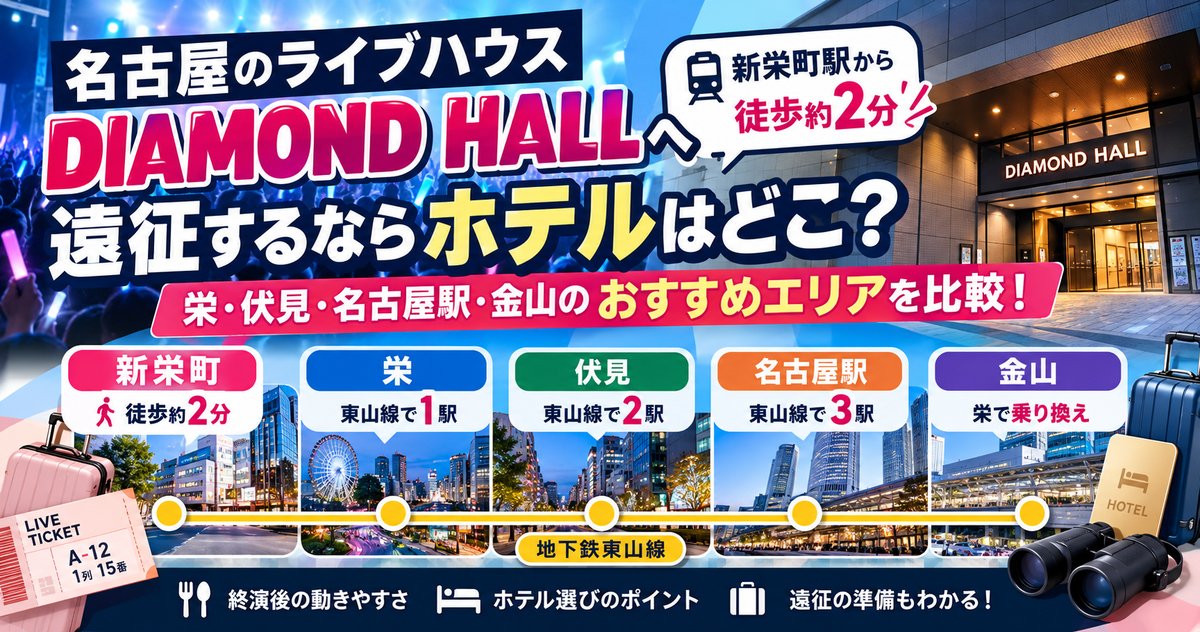 DIAMOND HALL（名古屋）遠征のホテルはどこ？新栄町駅から徒歩約2分。新栄町・栄・伏見・名古屋駅・金山のエリアを比較するアイキャッチ