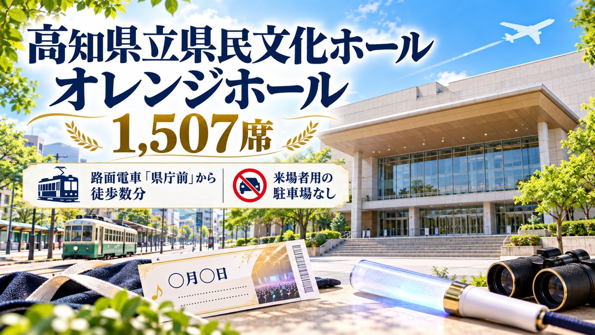 高知県立県民文化ホール オレンジホール1,507席。路面電車「県庁前」から徒歩数分で、来場者用の駐車場がないことを解説するアイキャッチ