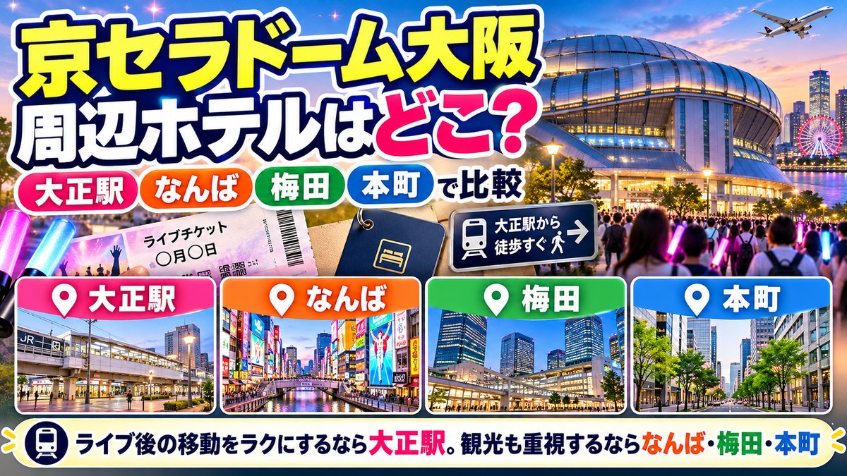 京セラドーム大阪 周辺ホテルはどこ？大正駅・なんば・梅田・本町で比較。ライブ後の移動をラクにするなら大正駅を解説するアイキャッチ