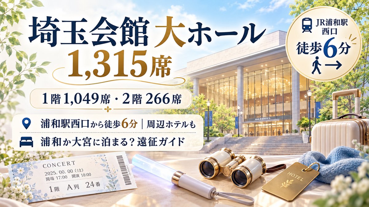 埼玉会館 大ホール 1,315席(1階1,049席・2階266席)。JR浦和駅西口から徒歩6分のアクセスと周辺ホテルを解説するアイキャッチ