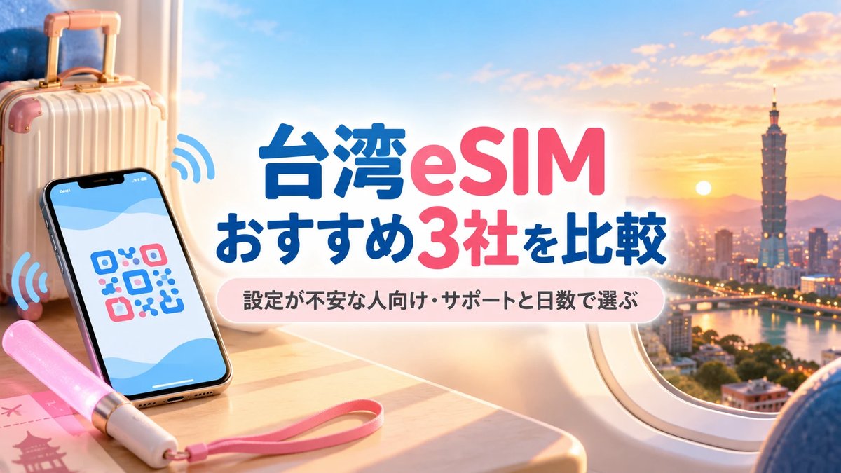 台湾eSIMおすすめ3社を比較｜設定が不安な人向け・サポートと日数で選ぶ記事のアイキャッチ